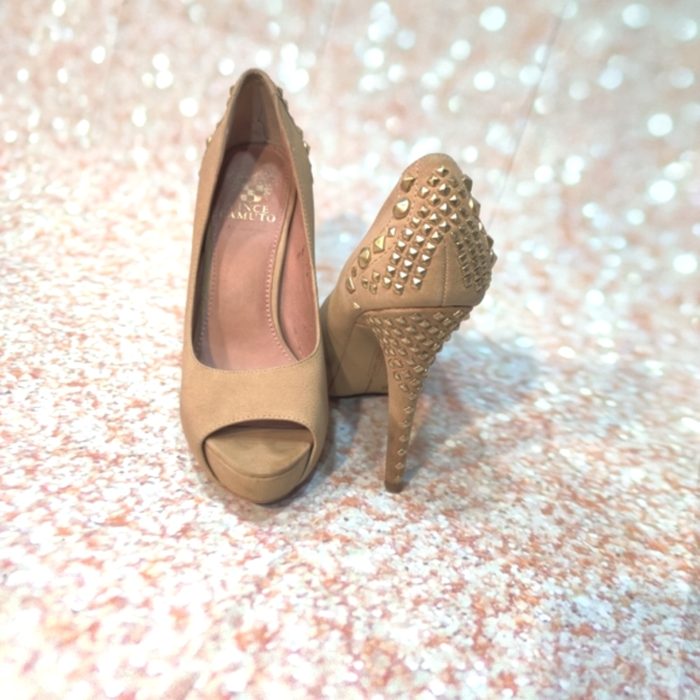Vince Camuto Tan Leather Peep Toe Studded Heels